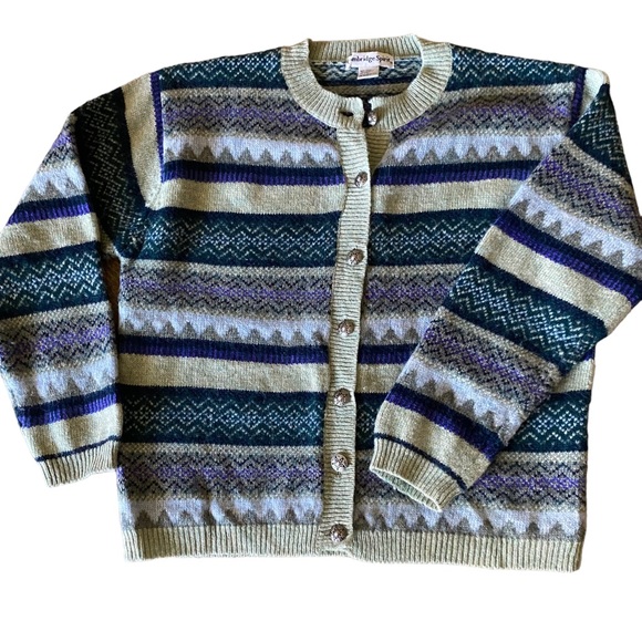 Cambridge Spirit Fair Isle Cardigan Size L 92% Wool 8% Acrylic Metallic Buttons - Picture 5 of 8